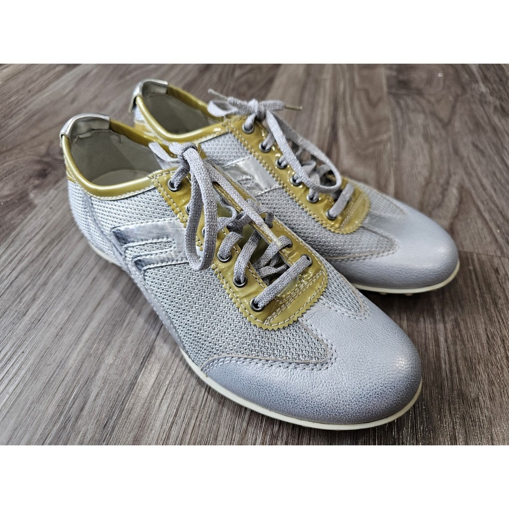 Geox Sneakers Womens Size 37.5 Silver Yellow Shoes Leather